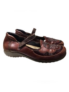 Naot Brown Leather Mary Jane Loafers with Floral Appliqué EU38/ US8-8.5